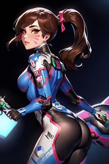 <lora:D.vaV3:1>, Deeva \(overwatch 1 version\), 1girl, d.va \(overwatch 1/),  ponytail, ass, brown hair, weapon, gun, robot, whisker markings, mecha, bodysuit, solo, meka (overwatch), handgun, breasts