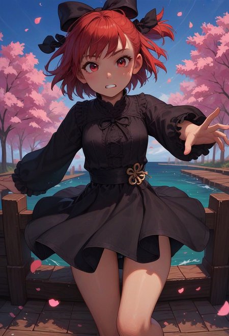 score_9_up, score_8_up, score_7_up, score_6_up, 1girl, 25 years old, perfect face, cute, petite, 
red eyes, 
red head, short hair, messy hair, hair bow, black bow, hair rings, 
black dress,  
cowboy shot, dynamic pose, dynamic angle, 
day, blue sky, cherry blossoms, falling petals, outdoors, spring (season), wind, 
pier, ocean, (glaring:0.5)