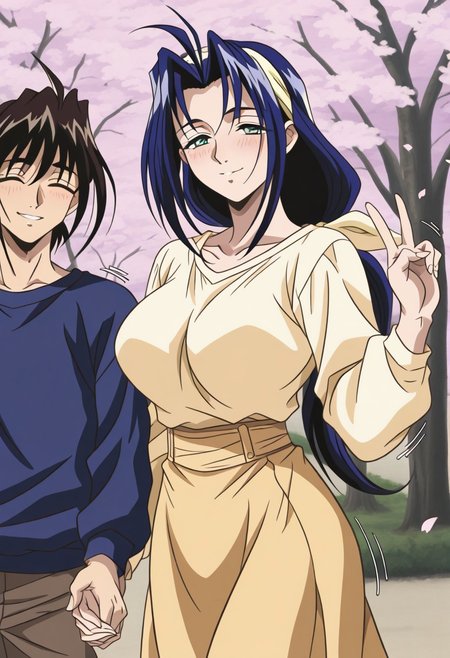 masterpiece, best quality, newest, highres, uncensored, 1girl, yokota mamoru style,1girl, slender face，motion lines,blush,looking at the viewers,torogao,seductive smile
Amou Miyuki OVA,Black Hair, Blue Hair, Curtained Hair, Parted in Middle, Ponytail, Waist Length Hair,Blue Eyes, Tareme Eyes,Big Breasts,
1girl, 1boy, family, cherry blossoms, closed eyes, tree, hairband, v, skirt, holding hands, smile, blue eyes, outdoors, long hair, blush, yellow eyes, long sleeves