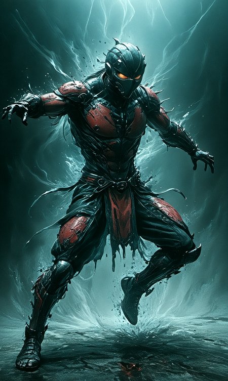 long exposure photo of long exposure photo of a fully mechanized ninja,mortal kombat style, (bloody-sword),action pose,jump-kick-mid-air, street-fighter style, intricately detailed, absurdres, exudes strength, fierce, combative, flowing garments, red-black-yellow garments, motion blur, masterpiece . Blurred motion, streaks of light, surreal, dreamy, ghosting effect, highly detailed . Blurred motion, streaks of light, surreal, dreamy, ghosting effect, highly detailed