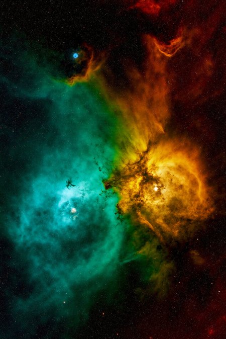 <lora:Vibrant_Nebula_2:0.8> VibrantNebula style.
Vivid interstellar turbulence dominates the frame with an epic clash of emerald-cyan and fiery ochre nebulae, the left side blossoming with sharp electric contours and the right churning in deep, shadowed reds with golden highlights where protostars ignite. The image captures the celestial drama of stellar nurseries in radiant, painterly textures, enhanced by deep-space photographic techniques and narrowband spectrum layering. The composition blends luminous haze, textured gas pillars, and reflective dust fronts, all glowing with inner heat. From a medium-close galactic angle, the scene is rich in visual turbulence, cinematic depth, and color-theory contrastâsymbolizing cosmic creation and entropic artistry on a scale beyond comprehension.