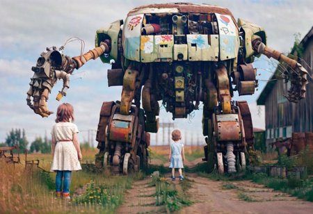 (((ultra high quality photo:1.8))) "vast overgrown field, extremely huge decrepit android, , aged and neglected appearance, advanced technology remnants, natural overgrowth, contrast between nature and forgotten futuristic elements"  a rusted car next to the robot, barn in the distance,  (((new robot)) walking with a child (holding hands) Simon Stlenhag Style, photo in phst artstyle, film photography style, light grain,