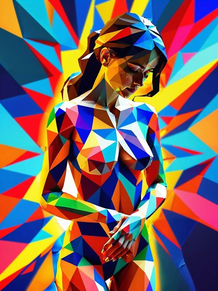 full body shot, bottom-up, low poly woman looking down at her hands , fractal pattern background.   8k, masterpiece vivid colors,  <lora:add-detail-xl:-1>