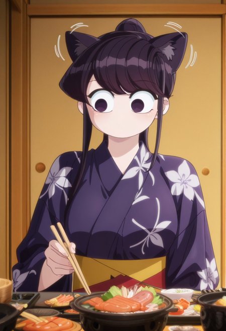 masterpiece, best quality, good quality, very aesthetic, absurdres, newest, Anime screenshot, 1girl, solo, 
<lora:Shouko_Komi_Komi_Cant_Communicate:1> komi shouko, no mouth, long hair, solo, black hair, black eyes, cat ears, ear wiggle,
<lora:heyashoku:0.8>, heyashoku, food, table, yukata, chopsticks,
