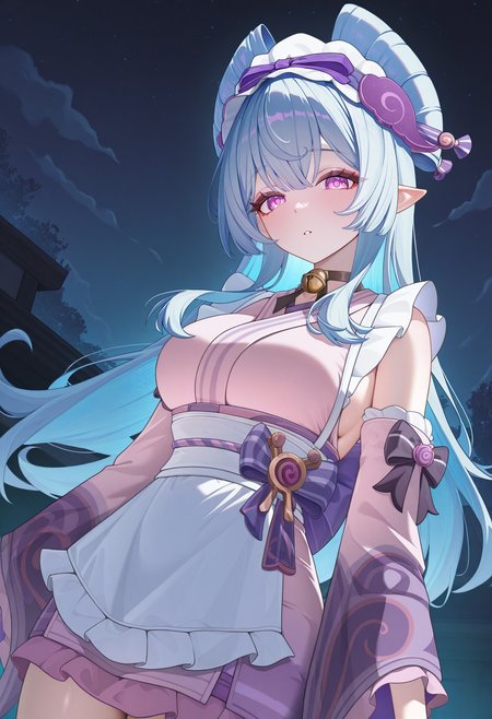 masterpiece, best quality, absurdres, highres, newest, 1girl, solo, <lora:yumemizukimizuki-gi-richy-v1_ixl:1> mmzk, purple eyes, pointy ears, blue hair, long hair, hair bun, maid headdress, hair ornament, maid, breasts, japanese clothes, frills, bow, neck bell, pink kimono, detached sleeves, wide sleeves, sash, obi, standing, looking at viewer, parted lips, outdoors, dark, darkness, night, night sky, arms at sides, purple nails, wa maid,