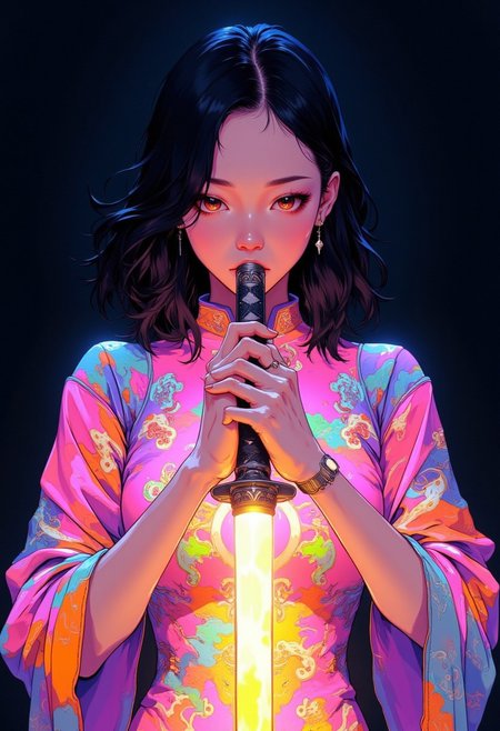 A woman with shoulder-length wavy black hair is shown from the torso up, holding a glowing katana in front of her. She is wearing a traditional chinese dress that is iridescent, vibrant patterns in shades of pink, orange, blue, and green. The katana has a glowing, aura blade, with the hilt held firmly in both her hands. Her expression is calm and determined, her gaze lowered. The background is dark and minimal, which contrasts sharply with the vibrant light coming from the sword and the glowing aura of the katana. The lighting emphasizes the soft glow of the sword, creating a magical, serene atmosphere. The perspective is a close-up shot focusing on the upper half of her body, highlighting the intricate details of her dress and the vibrant, colorful light effects.
anime_martz, anime_source, DB4RZ, DB4RZ style painting, anime, cyberpunk
