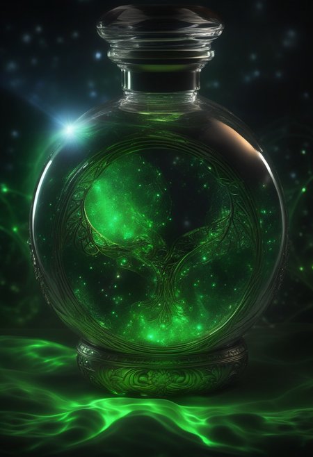 Score_9, Score_8, high_def, highest quality, 4k, best quality, masterpiece, focused, defined, Photorealistic magic potion, intricate glass bottle, vibrant black and green colors, ethereal light, wax seal, flashy lights, magic lights, luminous, dynamic reflections, magical aura, highly detailed, fantasy essence, glowing particles, radiant aura