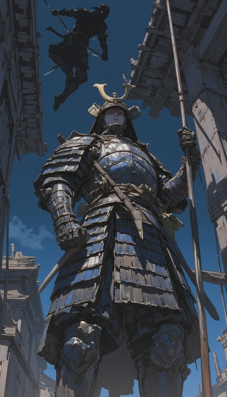 a masterful watercolor painting set at night, featuring an ancient soldier clad in traditional armor, holding a spear, and standing guard. The composition is from a low-angle perspective, looking up at the soldier, making his imposing figure dominate the scene. His detailed armor gleams with subtle reflections of light. Behind him, barely visible in the shadows above, a ninja is descending, gripping a rope with one hand and holding a dagger in the other. The ninja's form is ghostly, blending into the darkness, creating an intense contrast with the soldier's solid, textured presence. The angle heightens the tension, emphasizing the proximity of the ninja and the soldierâs obliviousness to the imminent strike. The watercolor technique contrasts the hard, metallic textures of the armor with the fluidity of the shadows, enhancing the suspense.