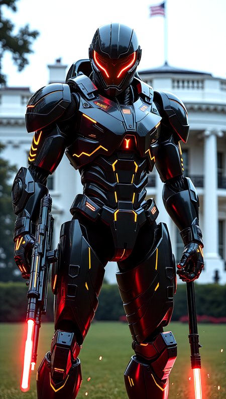 black-red-yellow-blue-white,Futuristic armored soldier,sophisticated and highly detailed armor, laser rifle,helmet with visor, sparks, electrical energy, buzzing, humming, imaginative, expansive, vivid,standing in front of the US-White-House,embedding:EZRealPONYXL,,embedding:EZRealPONYXL, embedding:EZRealPONYXL,