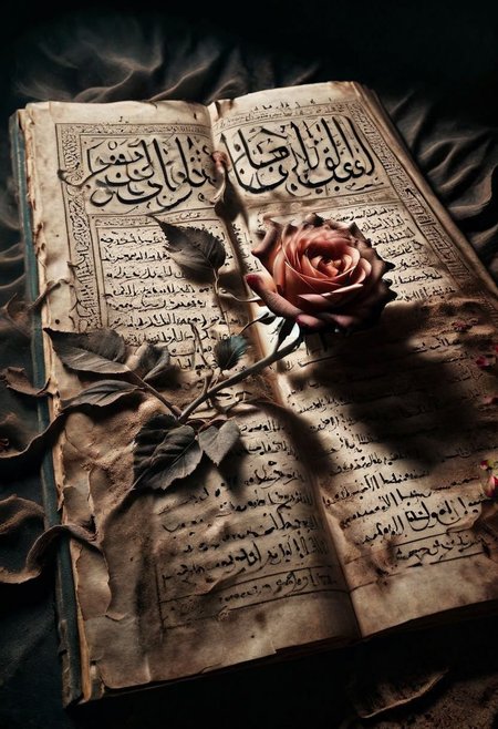 A withered ais-crsd rose lying on an ancient  Arabic book, its petals blackened and curled, on a table covered in dust. <lora:ais-crsd-sdxl:1>,volumetric lighting), (dynamic lighiting), godrays, Rembrandt lighting, real shadows, intricate detail