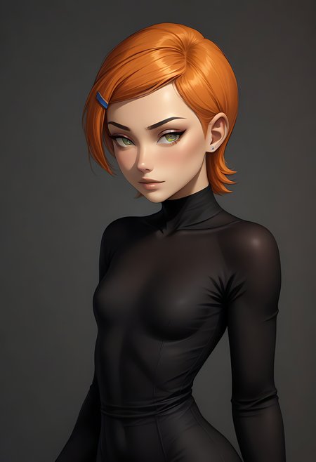 1girl, solo, fullbody, orange hair, green eyes with cat-eye make-up, at the opera, lavish surroundings, small breasts and slim build, perky, sharp edges bob haircut, gloss shine,  blush, skin texture, (hyperrealism, soft light, sharp), gwen tennyson (/Ben10)/,(ultra HD quality details), bright orange hair, short hair, (green eyes), blue barrette pinning back bangs, 2.5D, black dress