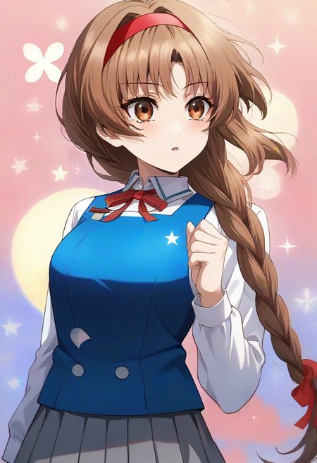 best quality, 4k, rating_safe, very aesthetic, source_anime,1girl, <lora:Takao:0.9>,takao,brown hair,brown eyes,long hair,single braid,red hairband,neck ribbon,white shirt,long sleeves,blue vest,gray skirt,school uniform,