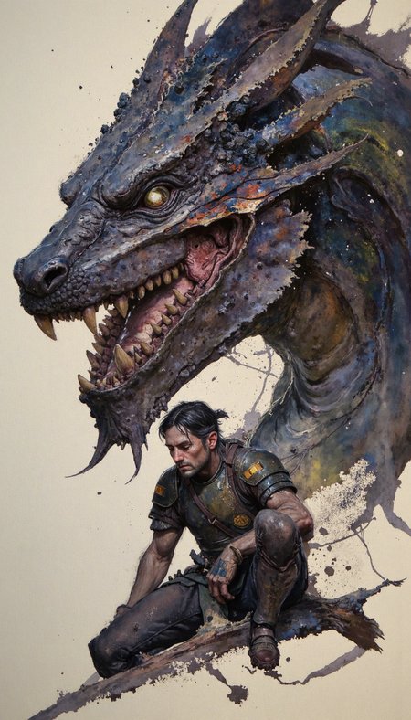 GLOW,intricate tetradic colors in every details,watercolor painting,FLUORESCENT,Rhizocarpon geographicum texture,gold dust, A fierce female warrior, clad in meticulously detailed leather armor, crouches defiantly in the tenebrous maw of a colossal, slumbering dragon. Rendered with hyperrealistic detail, the scene is illuminated by chiaroscuro lighting, highlighting the intricate scales and reptilian hide of the dragon, its immense size dwarfing the warrior. The camera angle, low and frontal, amplifies the imposing presence of the dragon, while the warrior's direct gaze at the viewer conveys an unflinching resolve. A sense of palpable tension permeates the scene, heightened by the scattered dragon bones in the foreground.