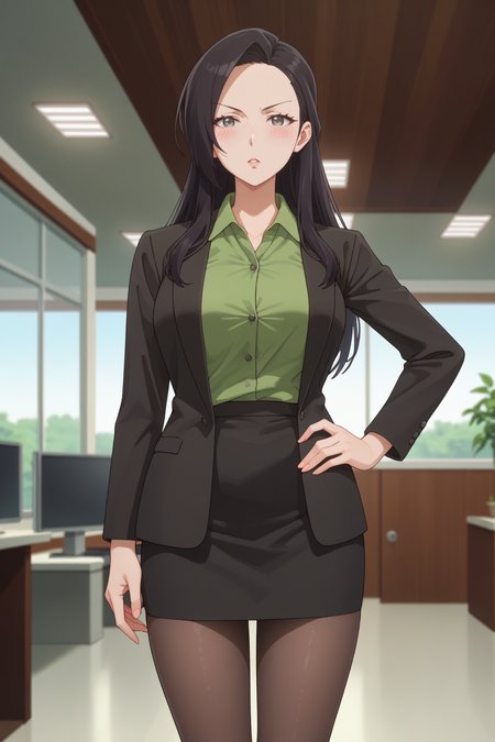 <lora:asako_izo:0.8>
score_9, score_8_up, score_7_up, 1girl, solo,
asako, black hair, grey eyes, long hair,
large breasts, black miniskirt, brown pantyhose, office lady, collared green shirt, black open jacket, suit, formal,
seductive gaze, v-shaped eyebrows, parted lips,
blush, looking at viewer, standing, contrapposto, full body, feet out of frame, hand on hip,
blurry background,