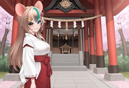 ((masterpiece, best quality, absurdres, highres, newest, very aesthetic, extremely detailed, very away, year 2025, detailed background, perfect anatomy, surreal)),detailed ,<lora:xmc_v0.3_noobai_cwhj_946906:0.8>,<lora:illustrious_best_quality_v1_1021798:0.8>,<lora:add-detail-xl:0.9>, break,<lora:Nastra_Moonlight_Vtuber:0.8>,nastraillusv1,1girl,solo,animal ears, breasts,brown hair,streaked hair,multicolored hair,long hair,mouse ears, mouse tail,white hair,heterochromia,hair ornament,bangs,blue eyes,virtual youtuber, anime coloring, shrine, sakura garden background, jyojifuku, miko,red hakama, view from side, looking on viewers, smile,