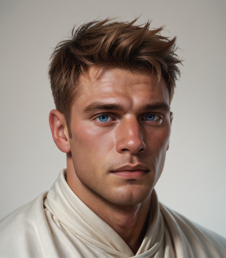 score_9, score_8_up, score_7_up, score_6_up, 1boy, male focus, solo, portrait, close up, realistic, light brown hair, blue eyes, sunkissed skin, tanned, handsome, white robes embroidered with dragons, <lora:Hain_Dragon_Age_Veilguard_OC-000003:0.85>