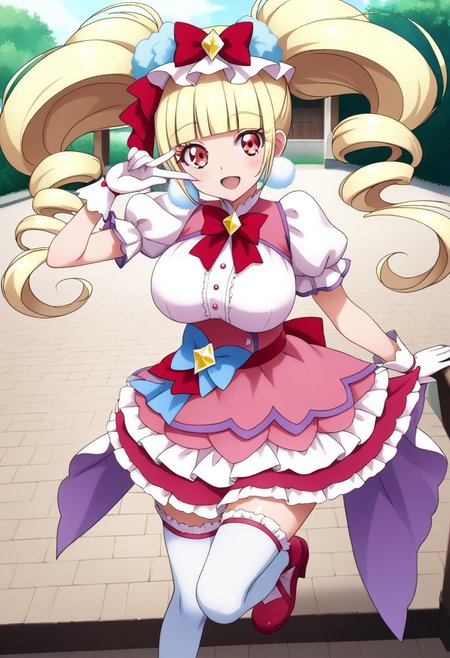 score_9, score_8_up, score_7_up, source_anime, (nsfw1.0), BREAK, 
curemacherie, cute 1girl, (large breasts:1.6), skinny body, (short stature:1.5), (shortstack:0.7), red eyes, blond hair, twintails, 
pink clothes, pom pom earrings, pink ribbon, white gloves, frilled thighhighs, puffy sleeves, layered dress, (mini skirt), porch, wrist bow, jewelry, 
shiny skin, 
smile,  
strike a pose, looking at viewer, 
angle:random, 
background:random,