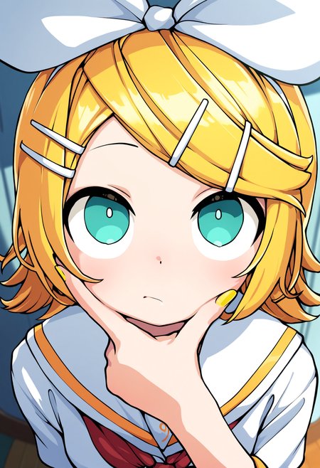 masterpiece,best quality,amazing quality,
1girl, kagamine rin, solo, blonde hair, sailor collar, bow, hair ornament, hairclip, hair bow, yellow nails, neckerchief, short hair, white bow, looking up, upper body, red neckerchief, bangs, hand up, swept bangs, white sailor collar, aqua eyes, hand on own chin, closed mouth, blue eyes, shirt, school uniform, nail polish,
<lora:Akai_ugokashitari:1>