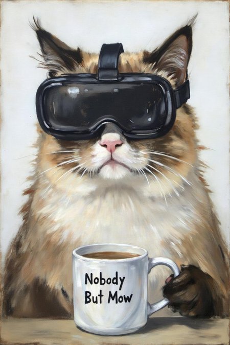 edmanet1 painting of Grumpy Cat holding a coffee mug, wearing a VR Headset. The mug has the phrase "NobodyButMeow" printed, <lora:edmanet1_cap_d6a3e13:1.0><lora:834381737804137021:0>