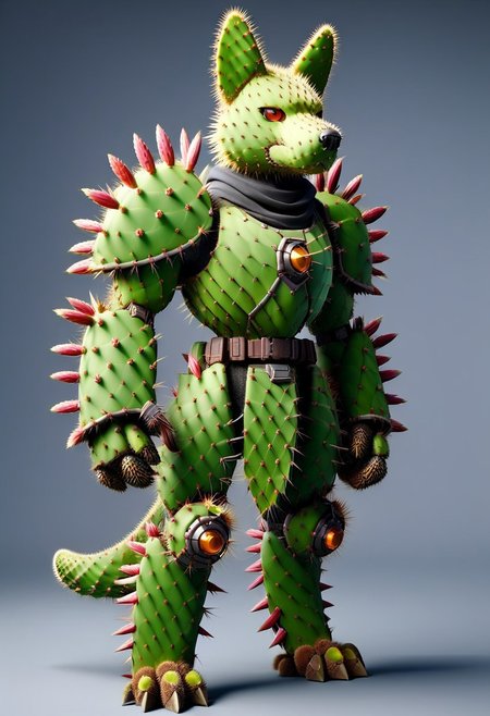 score_9, score_8_up, score_7_up, cs-l3ath3r, NCRender, 
Hidegarurumon is a fierce, wolf-like Digimon covered in rugged, dark brown Prickly Cactus armor. Its fur is sparse and resembles a patchwork of aged, Prickly Cactus  pieces that provide both flexibility and durability. The armor on its body is reinforced with Prickly Cactus  straps and buckles, designed to offer both protection and mobility. Its glowing yellow eyes shine through a mask-like Prickly Cactus  faceplate, and sharp Prickly Cactus claws extend from its paws, capable of tearing through most materials. A large, jagged Prickly Cactus tail swishes behind it, hardened to serve as both a weapon and a tool for balance in combat. NCRender