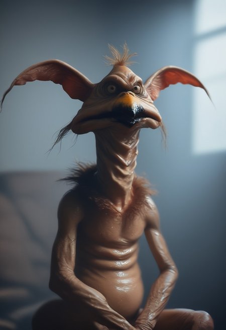 score_9, score_8_up, score_7_up, score_6_up, photo,  photorealism, 1boy, Salacious, yelllow skin, very small, slender, skin texture, moist skin, pores, saliva, dynamic lighting, detailed shadows, sitting, adobe palace, monster, dim light,