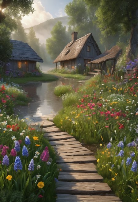 8k, breathtaking, close up to rough footpath in the village, flower garden, detailed wood cracks, realistic, detailed mud, cloudy weather, morning lake mist, wet grass, sun rays, masterpiece, award-winning, professional, highly detailed, mist, style-nebmagic
