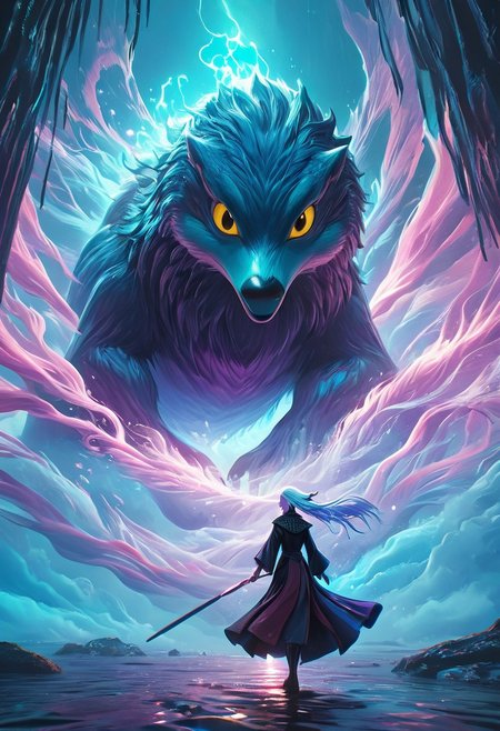 Dave the Duck facing giant alien monsters, whimsical fantasy scene, Gandalf the Grey battling Voldemort in the background, pure magic flowing through the air, vibrant colors, dreamlike atmosphere, digital art, art by Yuumei and Ross Tran, 8k resolution, concept art with a focus on environmentalism and femininity, characters in action, pastel colors, detailed and imaginative composition. 
concept-art, fantasy, epic, majestic, magical, dreamy, perspective, light and shadow, moody, epic, 
beautiful, painterly, aesthetic, textural, vivid, vibrant, intricate details, highly detailed, ultra-detailed, absurdres, 
novuschroma53 style, DonMM4g1cXL, aid291, bosstyle