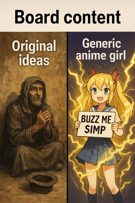 on the top of image text "Board content". Image split in two parts vertically. on the left half of image gritty painting of a beggar sitting on the ground against crumbling wall, he holds hands together begging for money, near his feet empty upside down hat, above him floating text "Original ideas". right half of image is generic anime girl emitting yellow lightning around her body holding sign with text "Buzz me, simp", above her floating text "Generic anime girl".