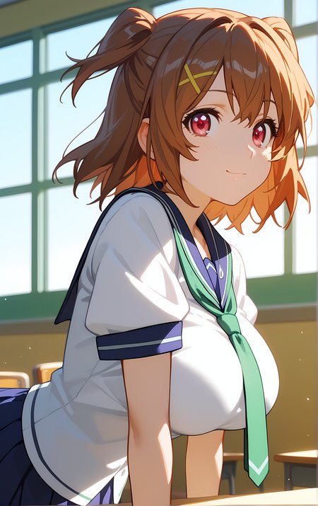 (score_9, score_8_up, score_7_up), 1girl, window, sunlight, classroom,
leaning forward, looking at viewer, closed mouth, light smile, tight clothes, close-up,
ohwx, 1girl, solo, breasts, brown_hair, large_breasts, short_hair, two_side_up, pink_eyes, red_eyes, school uniform,
<lora:kushiya_inaho_pony_ss:1>