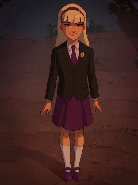 score_9, score_8_up, score_7_up, score_6_up, score_5_up,
DC__Young_Justice_Child, blond hair, red eyes, purple hairband, white shirt, black coat, red tie, insignia on coat, skirt, smug smile, socks, shoes
, 1girl, solo, facing viewer, small smile, full body
 <lora:mrsmiles:1> mrsmiles <lora:DC__Young_Justice_Child:0.9>