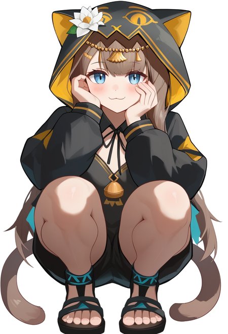 score_9,score_8_up,score_7_up,<lora:pepe_(arknights):1>,pepe_(arknights), hand_up, full_body, hand_on_own_cheek, blush, solo, hood_up, hair_flower, cat_hood, smile, black_jacket, toes, looking_at_viewer, white_flower, closed_mouth, neck_ribbon, 1girl, squatting, :3, cat_girl, puffy_long_sleeves, sandals, hooded_jacket, white_background, simple_background