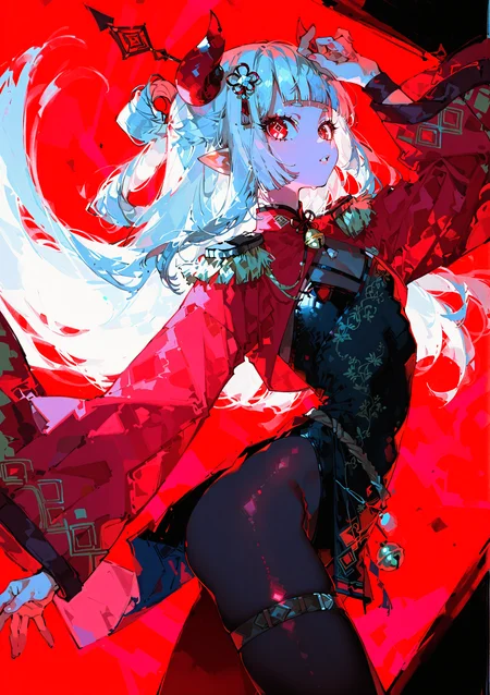 best quality, masterpiece, amazing quality, very aesthetic, very awa, absurdres, newest,
shiny skin glowing
1girl solo focus  breasts, dynamic pose, dynamic angle,
<lora:nhl-001:0.4>, nhl-001,<lora:ponyv4_noob1_2_adamW:0.33>, <lora:96YOTTEA-WAI:0.6>,<lora:yoneyamaiXLNBVP1lokrV6311PZ:0.6>,
optical illusion, ssambatea, quasarcake, Fishine, arutera, soresaki, reoen, sanbonzakura, askzy, negative space, see-through ,made of,  tiny neon glass filaments, neon light, detailed background, hand out frame,
nijinaraka,flat chest,red eyes,diamond-shaped pupils,symbol pupils,short eyebrows,grey hair,white hair,pointy ears,demon horns,long hair,hair rings,blunt bangs,hair ornament,
nijinarakacos,black dress,print dress,leotard under clothes,pelvic curtain,red shrug\(clothing\),red jacket,crop top jacket,epaulettes,red sleeves,saggy sleeves,print sleeves,long sleeves,wide sleeves,ornament around waist,thigh band,jingle bell,black pantyhose,print pantyhose,
 <lora:niji-naraka-v2:0.7>