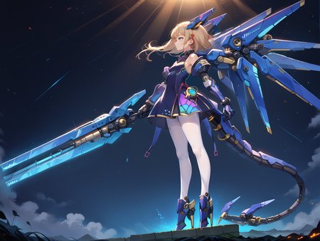 score_9, score_8_up, score_7_up,source_anime,
from side, 
mechagirl02,1girl, leotard,white pantyhose, 
solo,mecha musume, mechanical gloves, rgb lights, mechanical tail, armored dress, huge weapon, 
 <lora:roboko-000015:0.7>