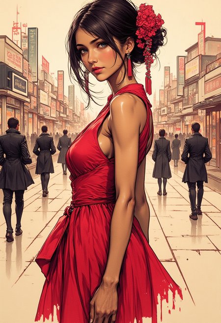ArsNijiStyle, Inkplash art on rice paper, sepia, henna , Silhouette Art, magnificent, inksplash image of stunning japanese woman in a red dress, standing on a busy Japanese shopping street, turning to the look at the viewer, abstract background of a crowd of shoppers dressed in dark colours, timelapse photographs, motion blur on the crowd
