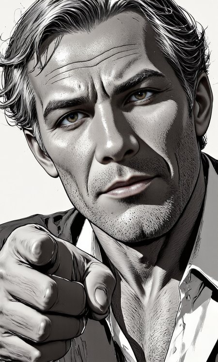 A striking close-up portrait of a weathered older man, his face etched with the stories of time, rendered in the bold, graphic style of Mike Mignola meets David Mazzucchelli. Short, wavy hair frames a face marked by wrinkles, his direct gaze holding the viewer captive. His right index finger emphatically points forward, breaking the fourth wall. The monochrome palette explodes with high contrast, stark blacks and whites carving out dramatic chiaroscuro lighting, reminiscent of classic noir. Strong, deliberate lines and shapes construct his form, emphasizing the depth and texture of his aging features. The plain background throws his figure into sharp relief, creating a captivating sense of isolation and intrigue. A low-angle perspective amplifies his presence, bestowing him with power and authority. The image is a masterclass in graphic storytelling, a visual embodiment of experience and wisdom, evoking a timeless and unforgettable character study. <lora:_Flux\_Painting\Graphic_Novel.safetensors:1.0:1.0>