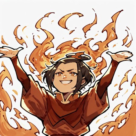 score_9,score_8_up,score_7_up,score_6_up,score_5_up,score_4_up, arms up, fire, outstretched arms, upper Body, burning,   azula, fire nation outfit,  slight smile,
