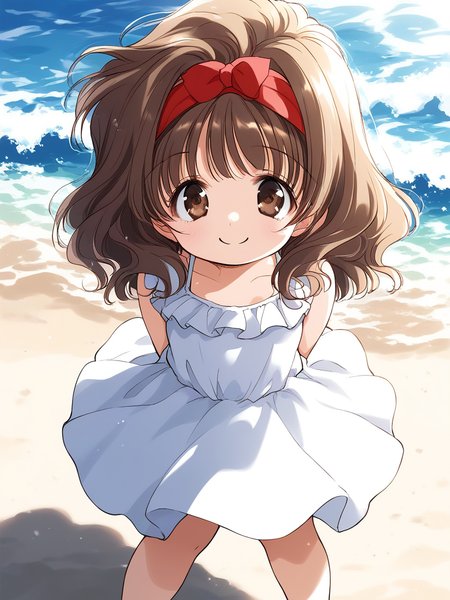 score_9, score_8_up, score_7_up, source_anime, rating_explicit, BREAK  <lora:Kana_graduate_XL:1> Kana_graduate, brown eyes, brown hair, long hair, red hairband, bangs, short stack, wave hair,
white dress. white skirt. frill, 
beach, summer,
smile,
looking at viewer, 
cowboyShot,