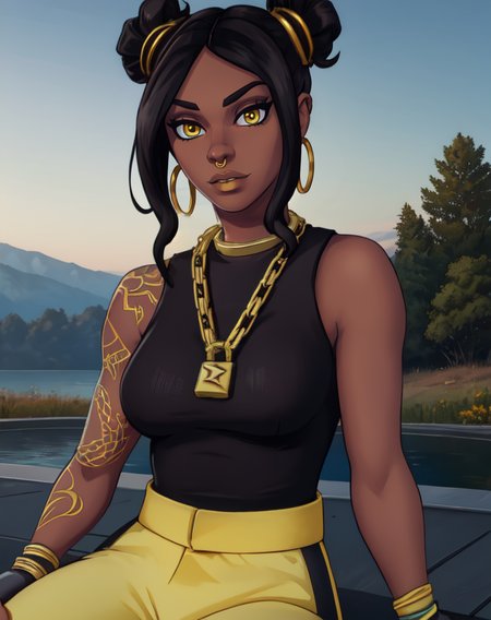 Luxe,  black hair,  double bun,  yellow eyes, right arm tattoo, 
upper body,   sitting,  cleavage, 
nose ring,   chain necklace,   fingerless gloves,   hoop earrings, 
black shirt,  yellow pants,  
outdoors, music  concert,  
(insanely detailed, beautiful detailed face,beautiful detailed eyes, masterpiece, best quality) , solo,
 <lora:Luxe-10:0.8>
