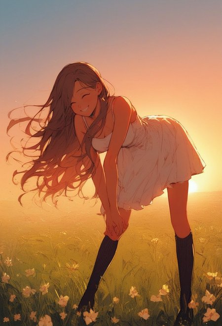 , , curvy body, 
1girl, high socks, slim sundress, rosy cheeks, blond long hair, in the gras field, smiling,  sunrise, natural lighting, bent over smelling flowers,
score_ 9, score_8_up, score_7_up, Style,