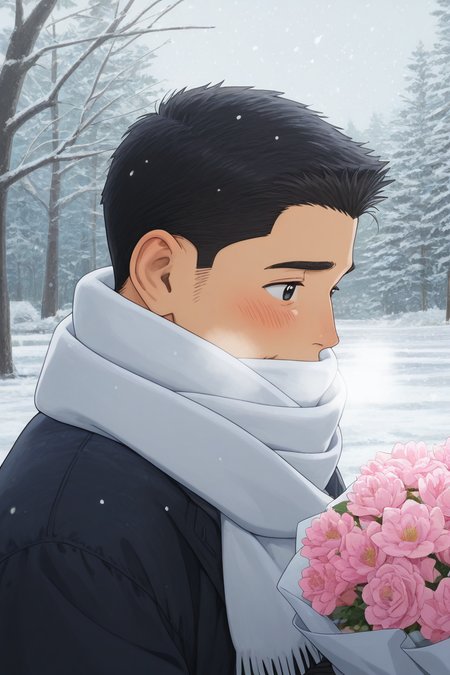 realistic shading, natural lighting, snowing, snow, winter theme, breath, holding pink flower bouquet, male focus, looking away, shy, expressive face, minodaoi, black_minodaoi_short hair, black_minodaoi_eyes, old man, covered mouth, 1boy, blush, winter clothes, shiny skin, white scarf, jacket, outdoors, tree, romantic, intricately detailed illustration, depth of field, atmospheric perspective, masterpiece, best quality, amazing quality, very aesthetic, absurdres, newest, anime screencap