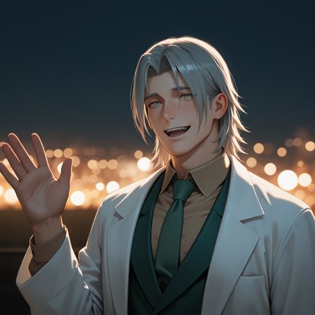masterpiece, best quality, amazing quality, absurdres, newest, detailed background, definition so sharp, Ultra-HD, 8K cinematic, very awa, impressionate, amazing quality, highres, 
solo, male focus, manly, mature male, bara, bokeh, night, warm light, blurry background, outdoor, 
yashiroisana, 1boy, short hair, parted bangs, shiro_pretime, shiro_grey hair, shiro_grey eyes, lab coat, green blazer, brown collared shirt, green tie,
smile, happy face, open mouth, waving
