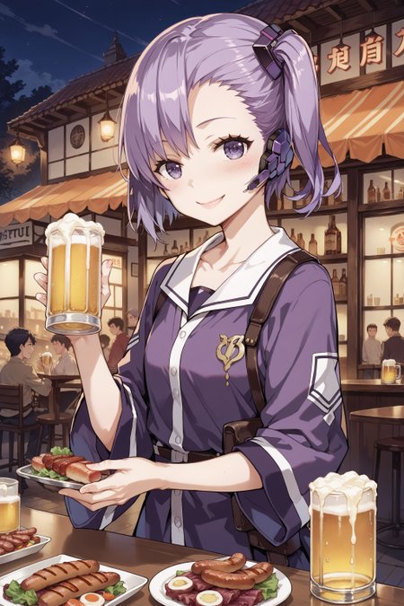 score_max, (score_9, score_8_up, score_7_up:1.2), score_6_up, official art, source_anime,
, masterpiece, absurdres, high detail, 8k,
night, outdoors, german, beer, bar, table, beer mug, food, sausage, mustard bottle, from side,
standing, looking at viewer, holding beer mug, smile, blush,
, ddpopeko, purple hair, side ponytail, hair ornament, headset,  quilted clothes, collarbone,
<lora:XL_Pony_gomaotsu-operator-t1:1>