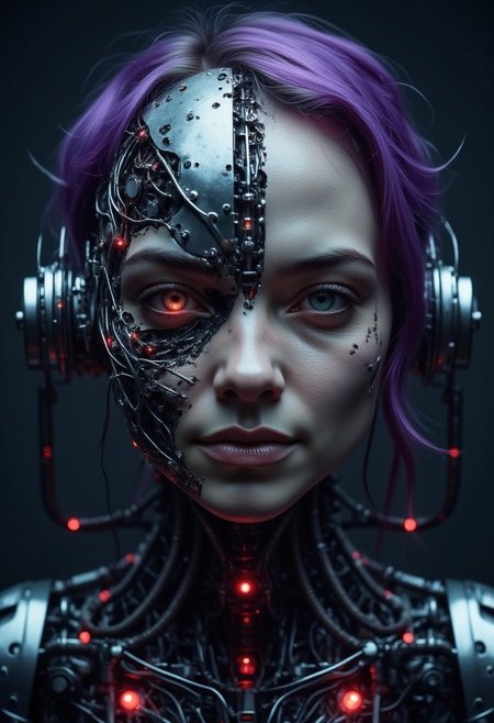 wired-cyborg, biomechanical, high quality photography of a woman's face, split down the middle, showcasing two distinct halves. The left side of her face is a mechanical construct, resembling a futuristic cyborg or android, with intricate circuitry and wires visible beneath her skin. The mechanical half is a dark, metallic color with glowing red circuitry and numerous tiny, glowing red lights, giving it an eerie, otherworldly appearance. The right side of her face is human, with pale, almost deathly skin, sci-fi horror aesthetic. Purple hair, smirk