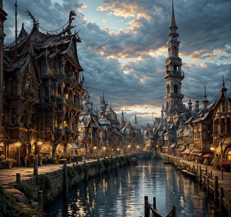 RAW photo, (masterpiece:1.3), subsurface scattering, heavy shadow, (high quality:1.4), (intricate, high detail:1.2), professional photography, HDR, High Dynamic Range, realistic, ultra realistic, photorealistic, high resolution, film photography, ambient lighting, atmospheric effects, <lora:detail_slider_v4:2>, OverallDetail,  <lora:Laketown:1>, arch, bird, building, cloudy sky, house, laketown, no humans, outdoors, scenery, sky, tower, water, watercraft, window