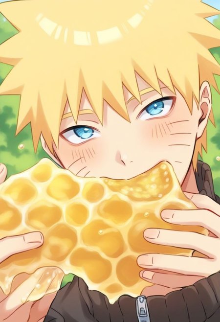 masterpiece, best quality, highly detailed, 1boy, cute anime boy, kawaii anime boy, naruto uzumaki, male focus, teenager, short hair, blonde hair, blue eyes, facial mark, whisker markings, cute face, close-up, eating raw honeycomb, honey drops