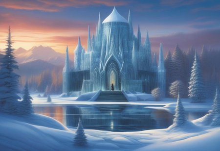 A whimsical winter wonderland, 
with ice sculptures and twinkling lights adorning the frozen lake. evening, 
intricate design, 
cinematic lighting, 
LP cover, 
Giger Marc Simonetti print, 
Mysterious