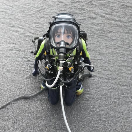 SCB, 1girl, scuba gear, oxygen tank, air hose