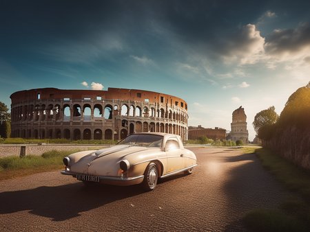 Italian road with wet cobblestones colosseum with (Oldtimer car:1.3), retrofutur5-400, carhelper, god rays, dust particles, volumetric lighting, 10mm, perfect composition, depth of field, sharp focus, centered, photohelper midjourney Style-Winter