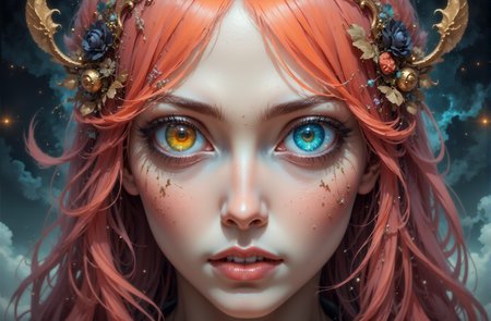 This image is a highly detailed digital photography featuring a close-up of a God woman's face with sorry expression. The composition uses a symmetrical approach, with the woman's face centered in the frame, creating a balanced and focused visual. The woman has striking, large eyes that dominate the image, with one eye BlazingYellow and the other Terracotta, both adorned with heart-shaped pupils. Her skin is pale and smooth, with subtle freckles on her cheeks. She has long, straight HotPink hair with a SlateGray streak on the left side, styled with a side part and a small hairband on the right. Her eyebrows are thick and well-defined, and she has long, dark eyelashes accentuated with SkyBlue eye-shadow. The lighting is soft and even, highlighting the textures of her skin and hair without casting harsh shadows. The background cute, keeping the focus on her expressive eyes and face. The overall mood is intense and captivating, with a touch of surrealism due to the heart-shaped pupils.
 <lora:DarksunRIDDV3:0.7> <lora:flux_hyperkraximalism-crazy:0.6>