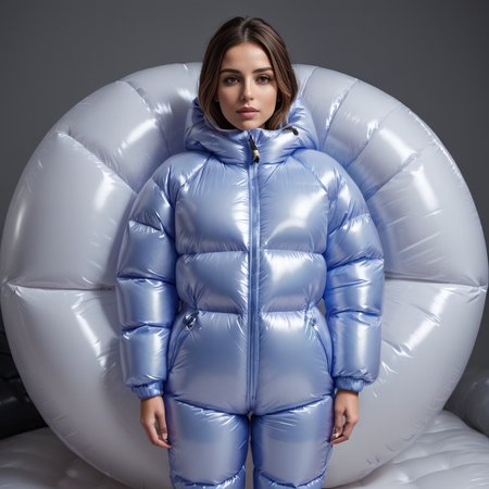 one american short women wearing a inflatable downsuit puffer_downsuit , hyperdetailed photography,4k textures,intricate details,4k resolution,  <lora:puffer_downsuit_v1:0.8>
 <lora:inflatablerubber:0.6>